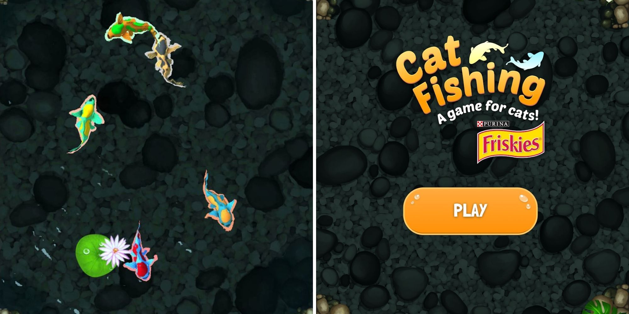 izquierda: diferentes peces nadan alrededor de un estanque;  derecha - pantalla de título de Cat Fishing 2 con un botón Play