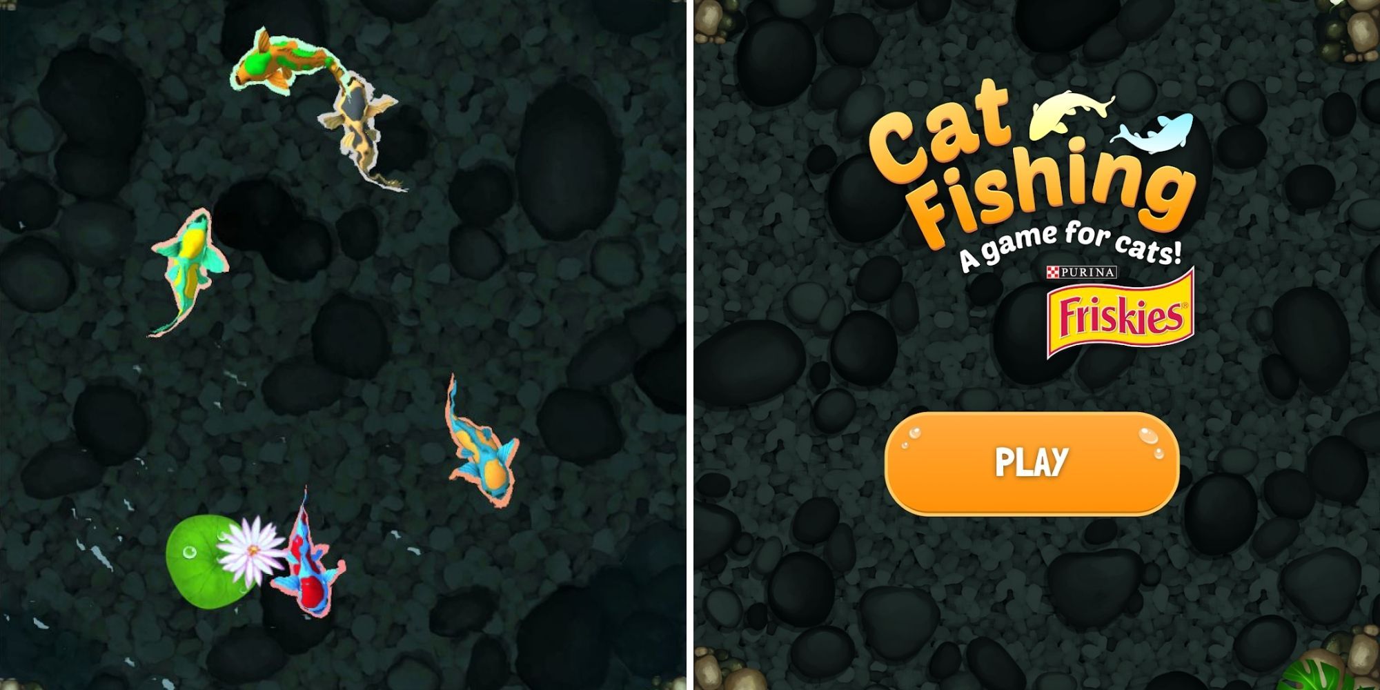 left - different fish swim around a pond; right - title screen of Cat Fishing 2 with a Play button