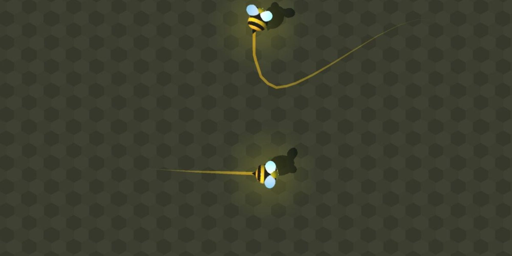 dos abejas vuelan frente a un patrón de panal con senderos amarillos detrás de ellas