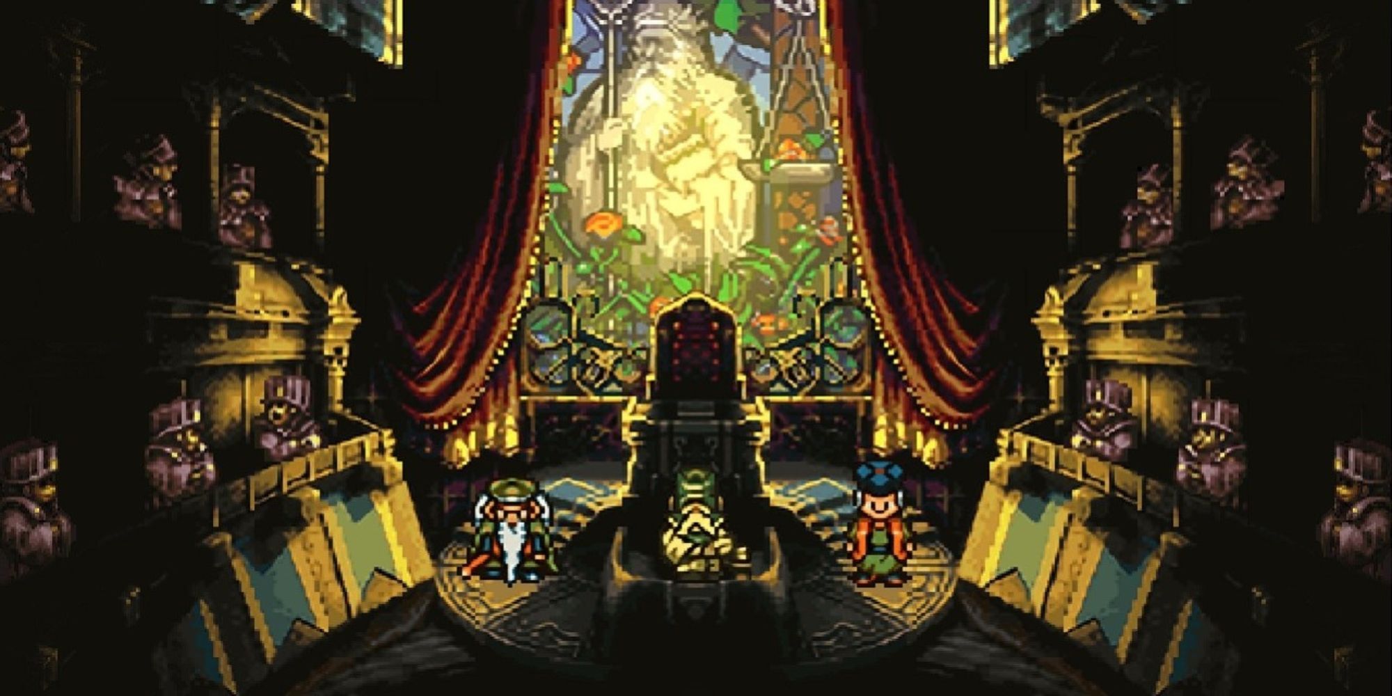 the king sits on his throne in front of a stained glass window in the Guardia Castle