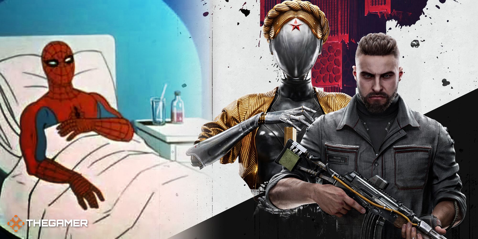 Spider-Man in a hospital bed on the left, Atomic Heart's box art on the right.
