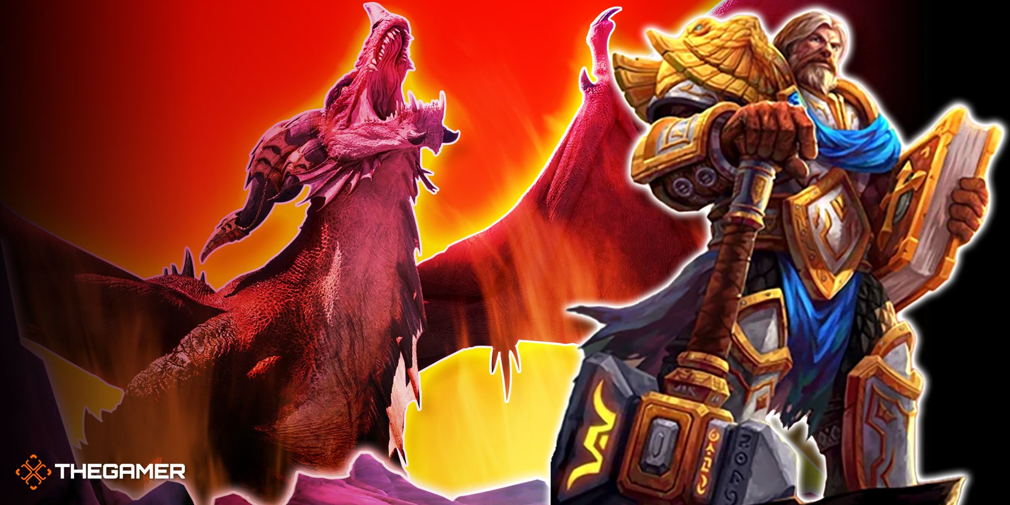 A Holy Paladin and a Red Dragon from World of Warcraft.