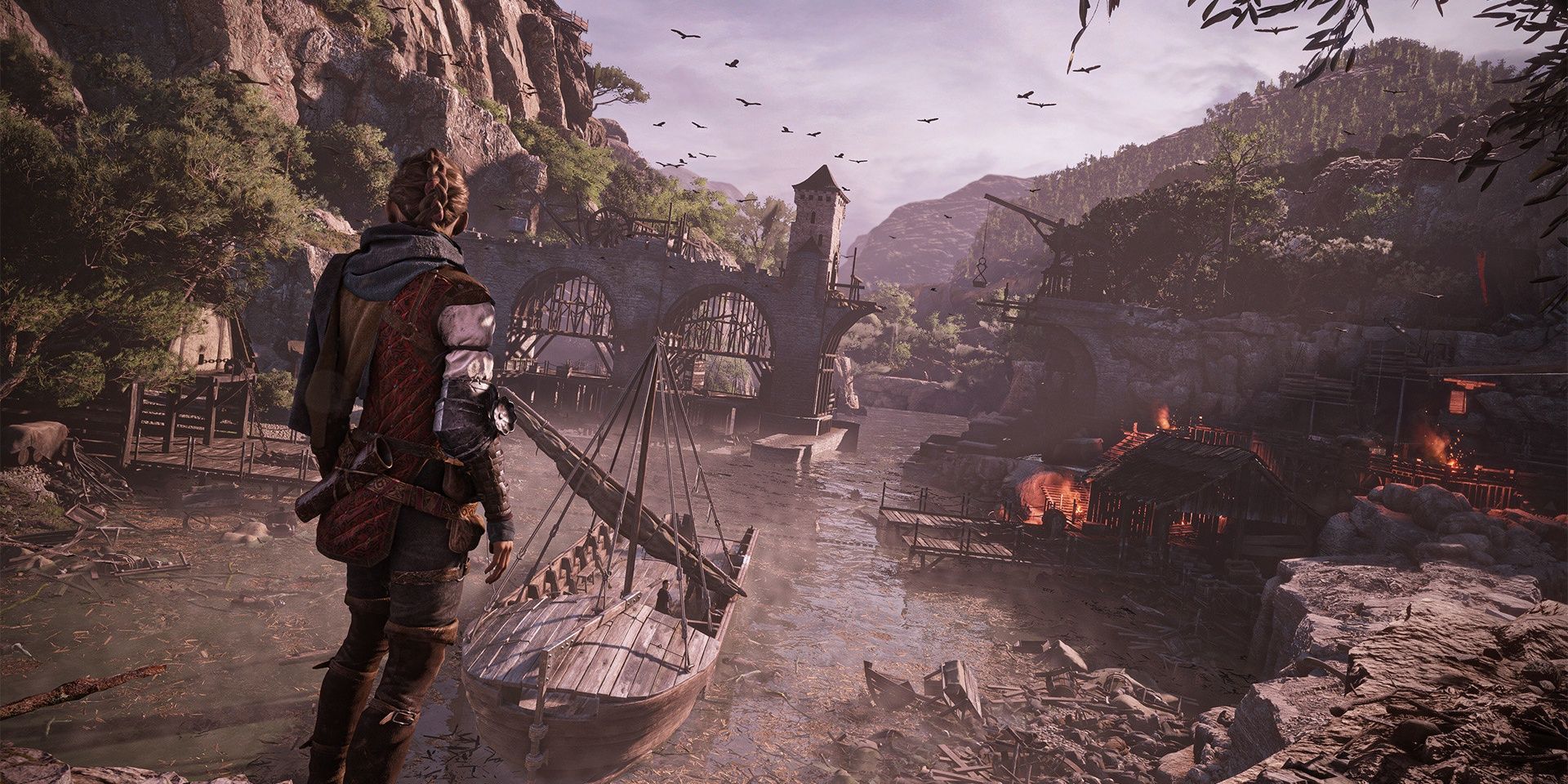 The protagonist overlooking a burning port, a bridge, and a boat.