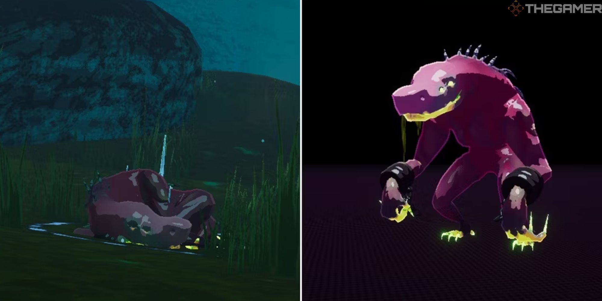 split image showing acrid sleeping next to acrid in selection screen