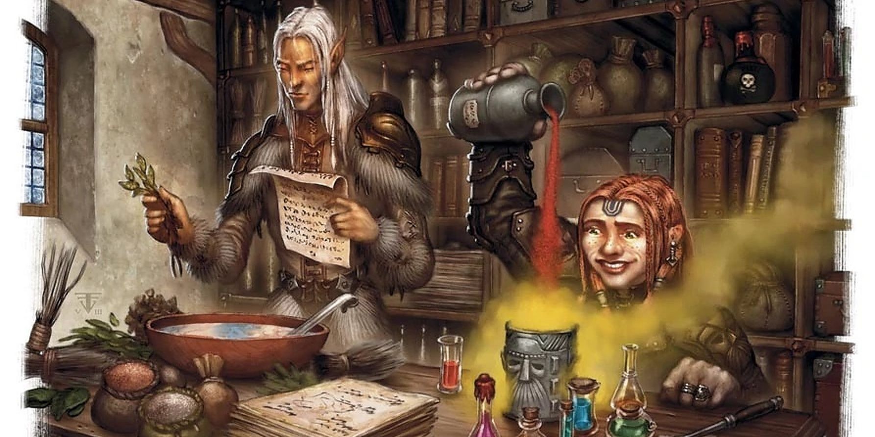 two alchemists mix potions