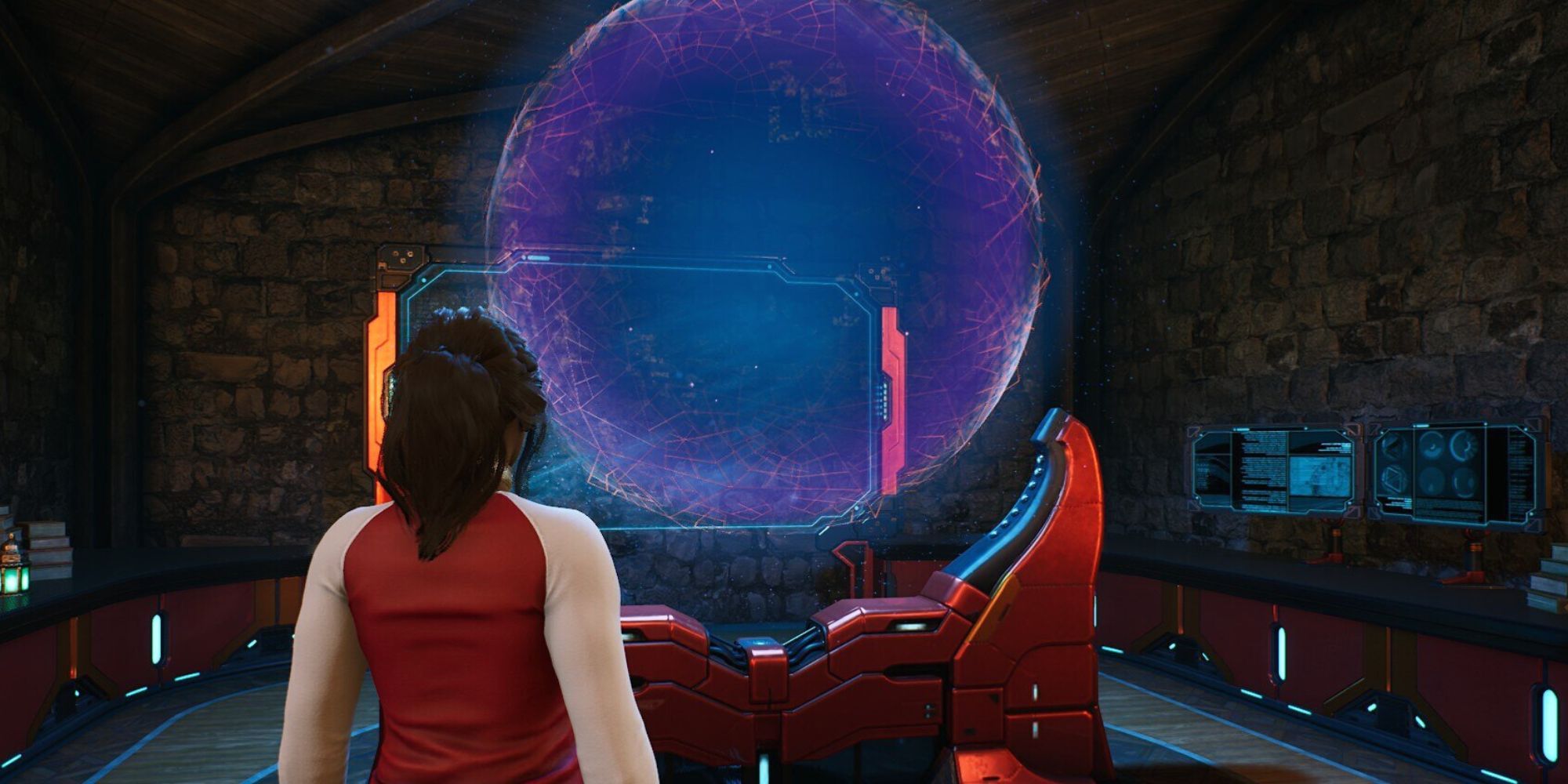 Hunter standing in the War Room by a huge purple holographic globe.