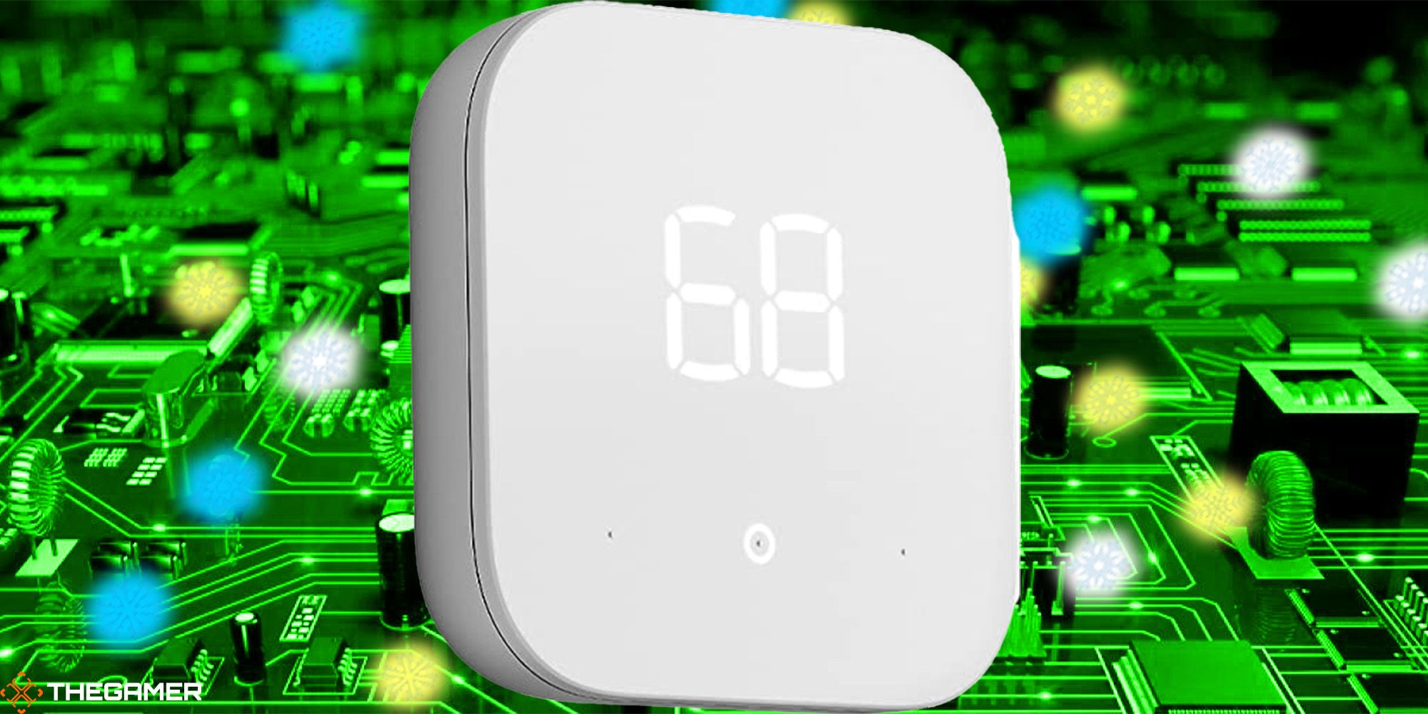 An Amazon Smart Thermostat against a snowy, green tech background. Custom image for TG.
