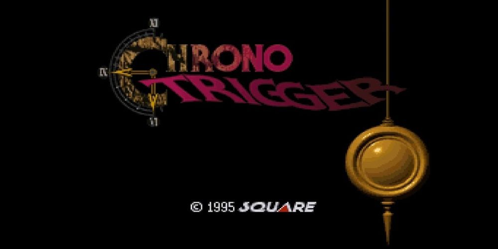 An unmoving pendulum in front of a black background next to the Chrono Trigger logo