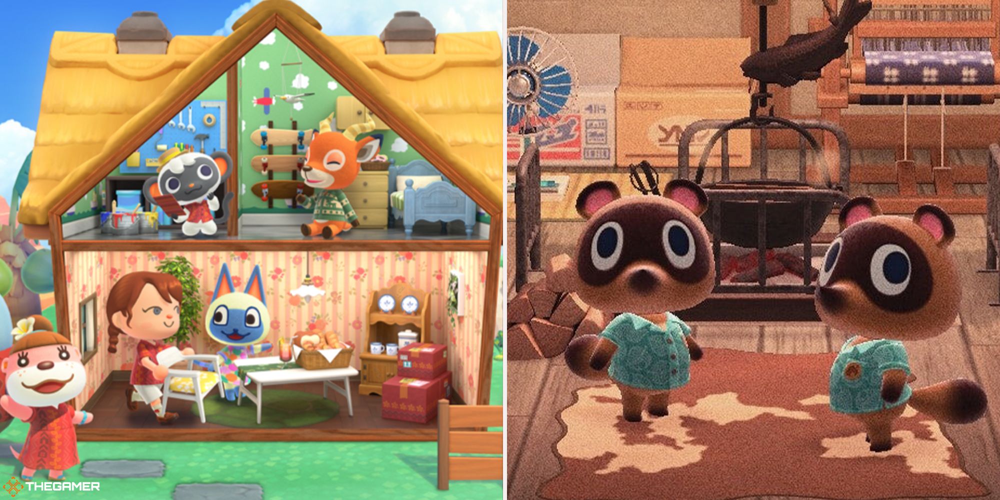 Animal Crossing New Horizons - Happy Home Paradise characters on left, Tommy and Timmy on right