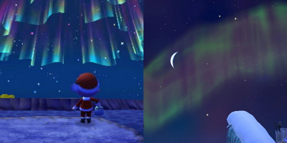 Screenshots von geteilten Bildern der Nordlichter in Animal Crossing.