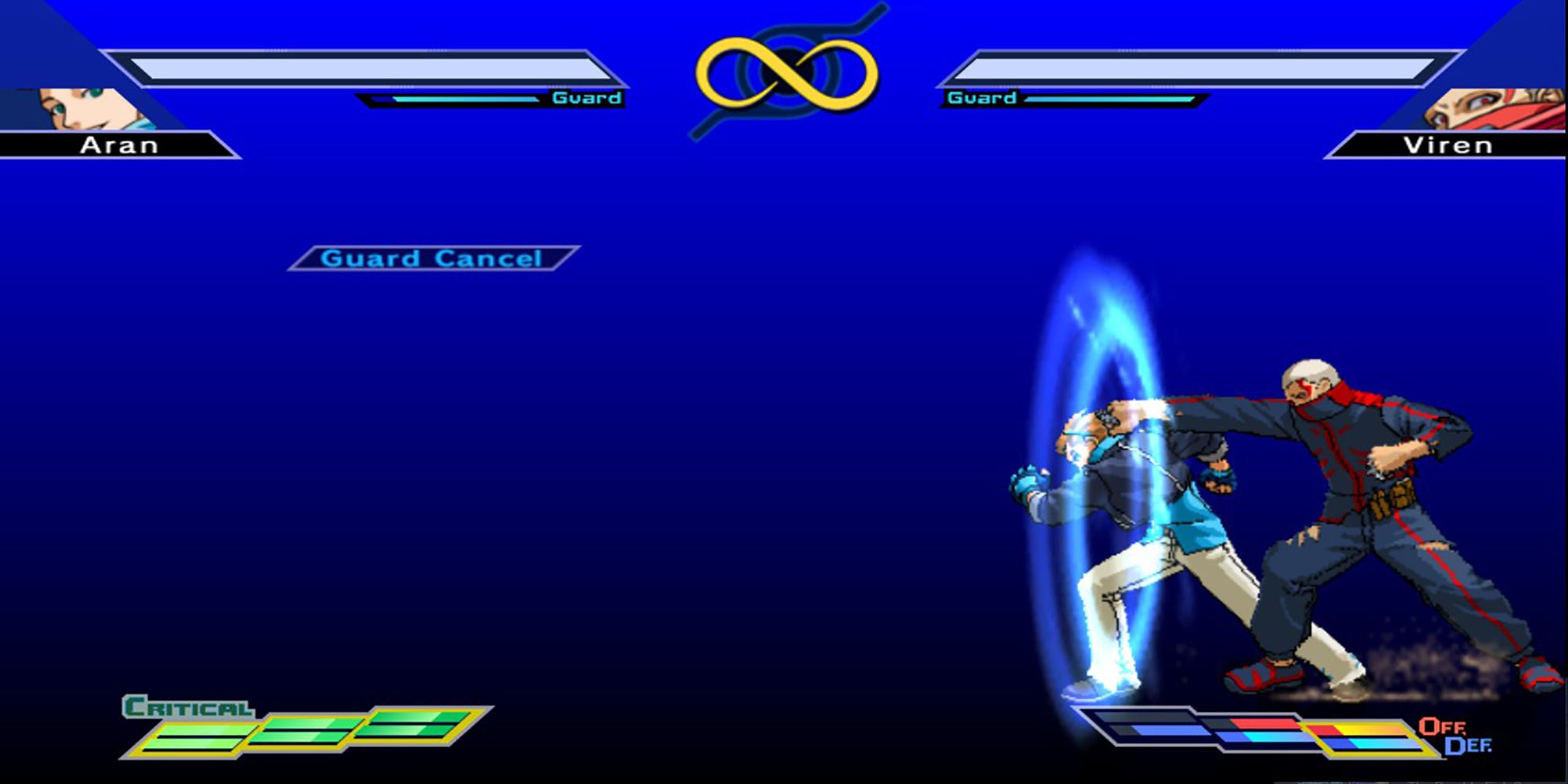 Aran deflects an attack from Viren with his Defensive Art in The Rumble Fish 2.