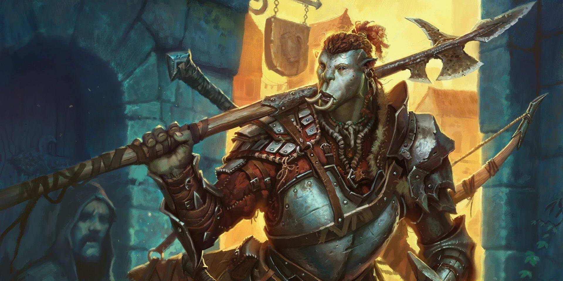 an orc wields a number of deadly weapons