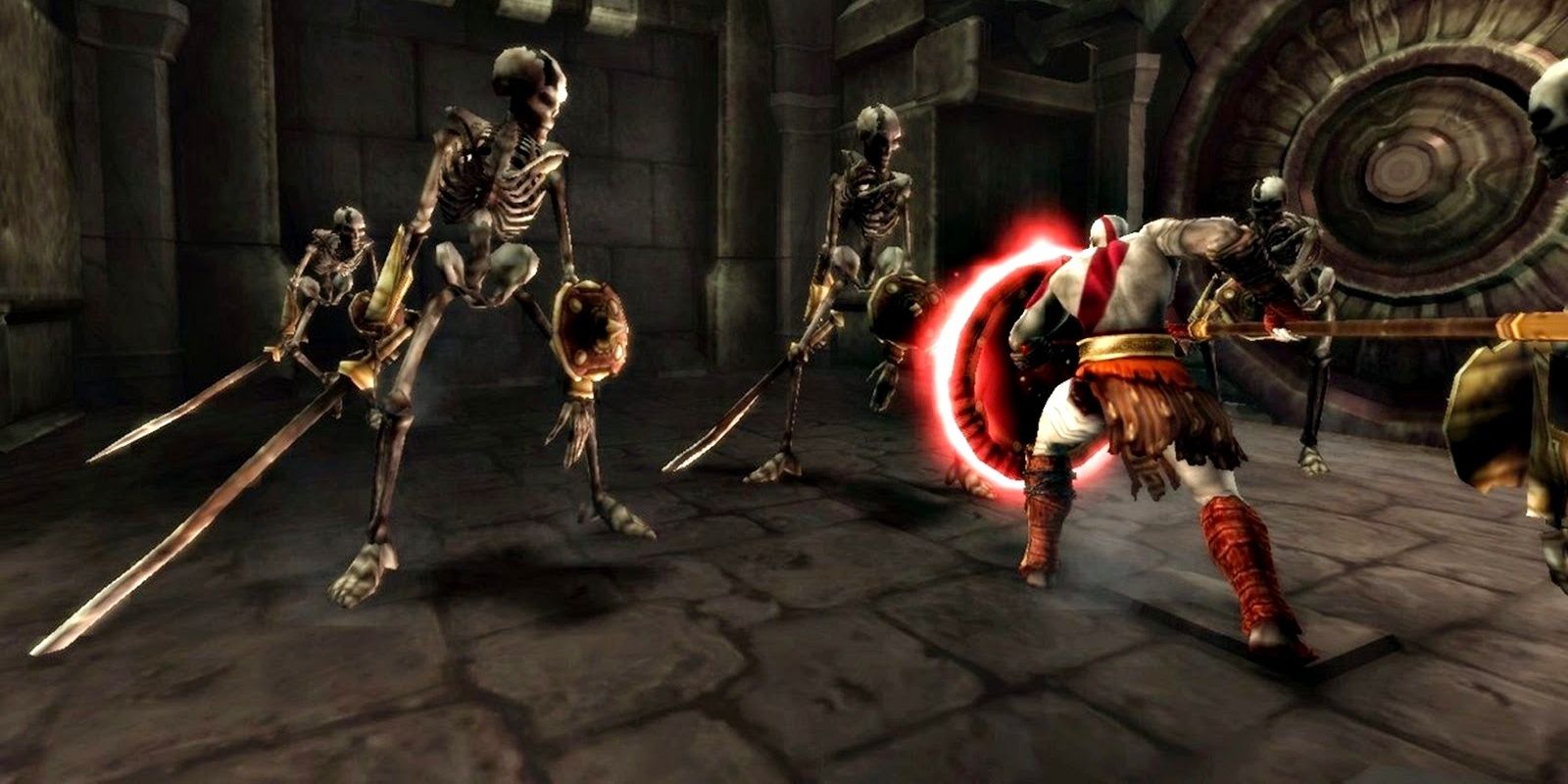 Kratos using the Arms of Sparta to fight undead soldiers, in God of War Ghost of Sparta