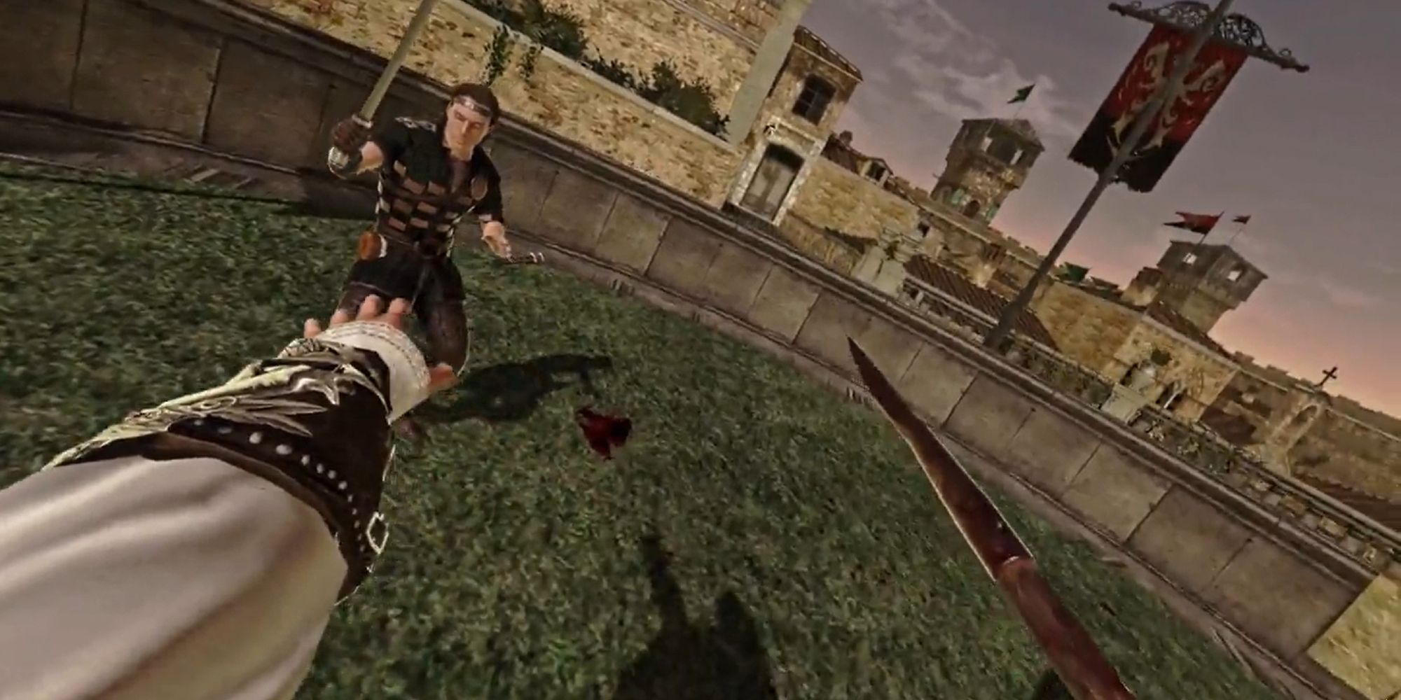 First person view of Ezio about to stab someone with a spear