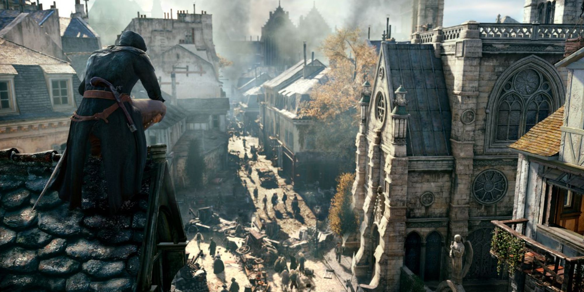 Arno Dorian on top of a rooftop overlooking the Notre Dame and streets of Paris in Assassin's Creed: Unity