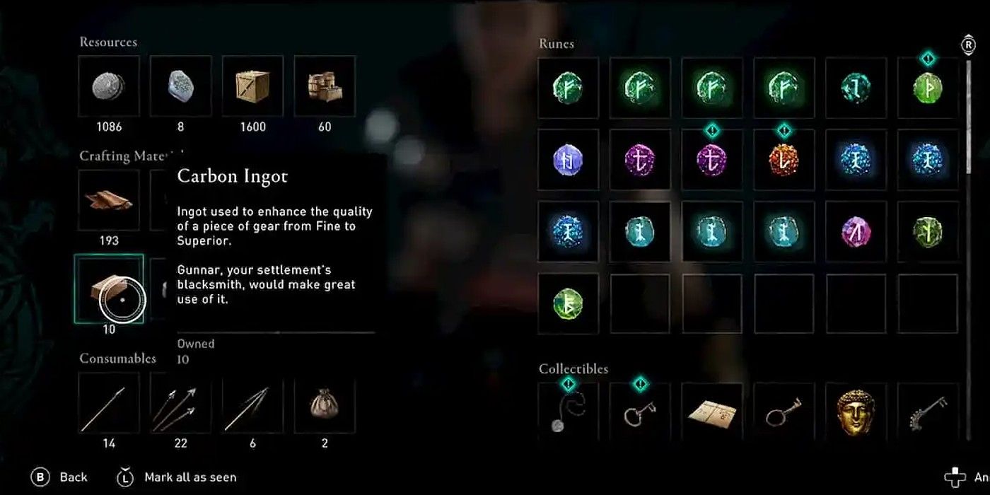 Assassin's Creed Valhalla Carbon Ingot selected on inventory screen with runes and materials