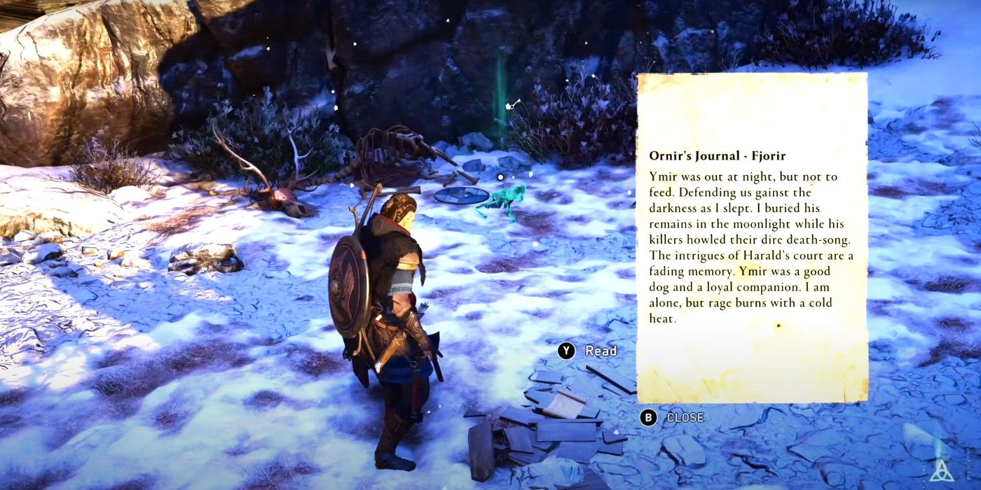 Assassin's Creed Valhalla Deserted Chalet Key location reading Ornir's journal