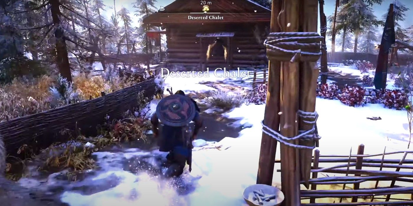 Assassin's Creed Valhalla Deserted Chalet location Eivor running to cabin entrance