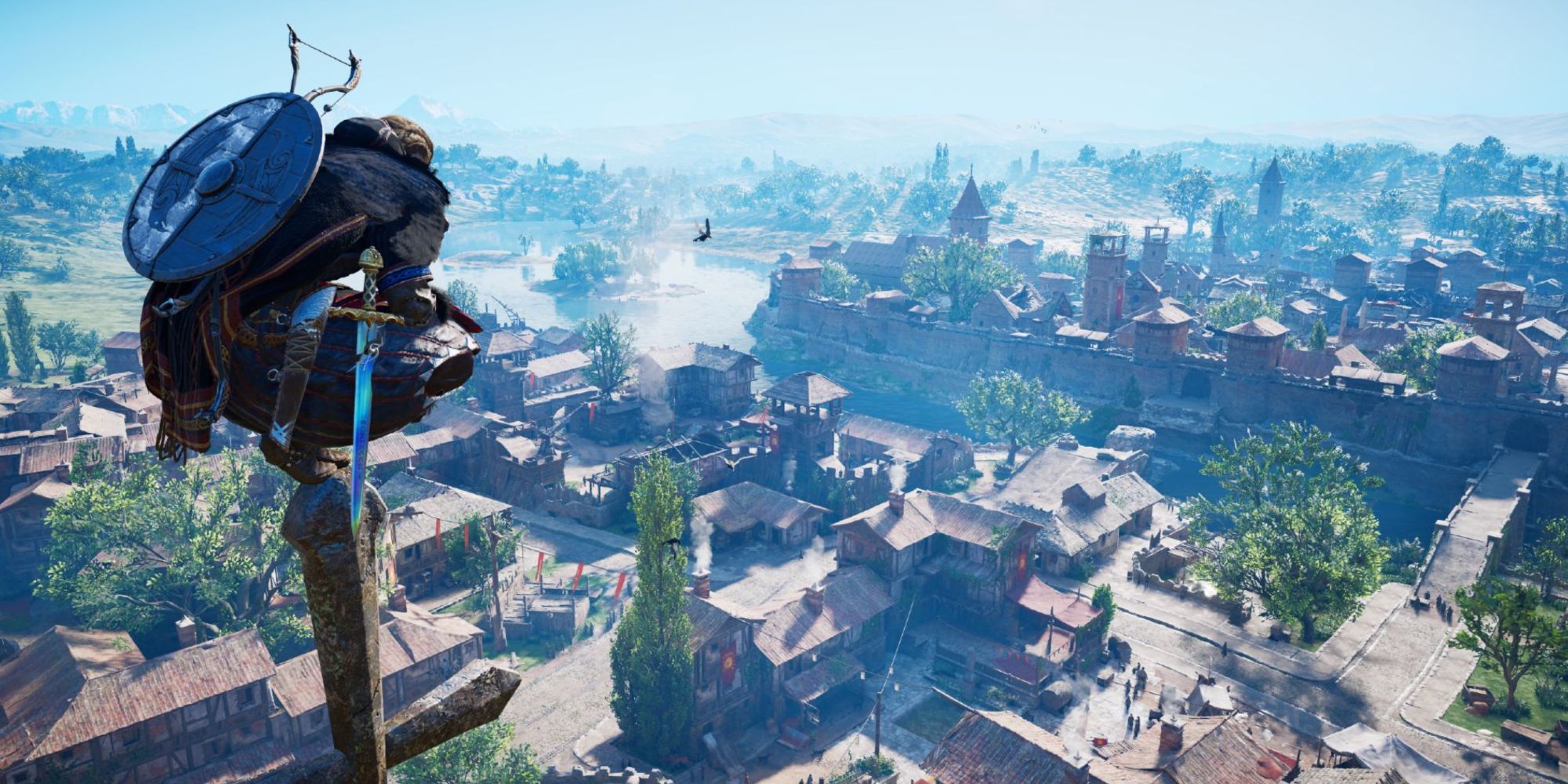 Eivor sat atop a building overlooking Paris in the Assassin's Creed Valhalla Siege of Paris DLC