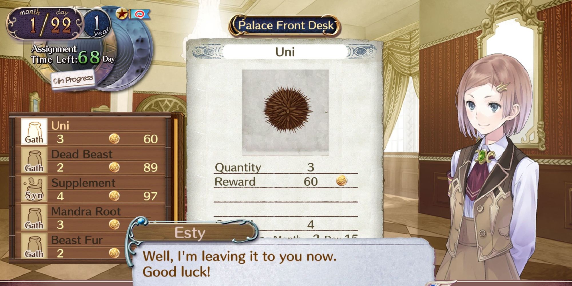 quest selection screen with an uni delivery