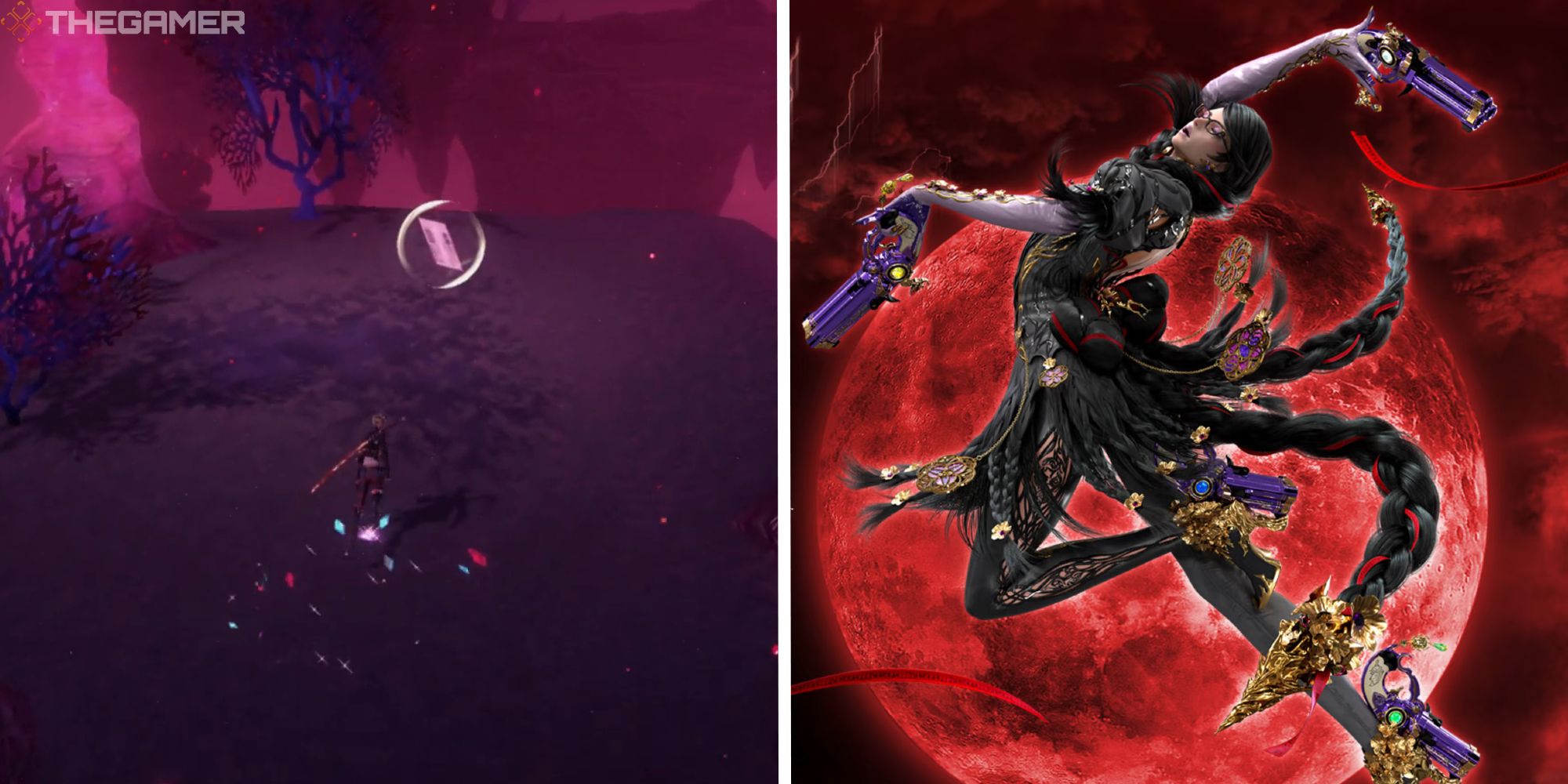 split image showing viola getting card next to promotional art for bayonetta 3