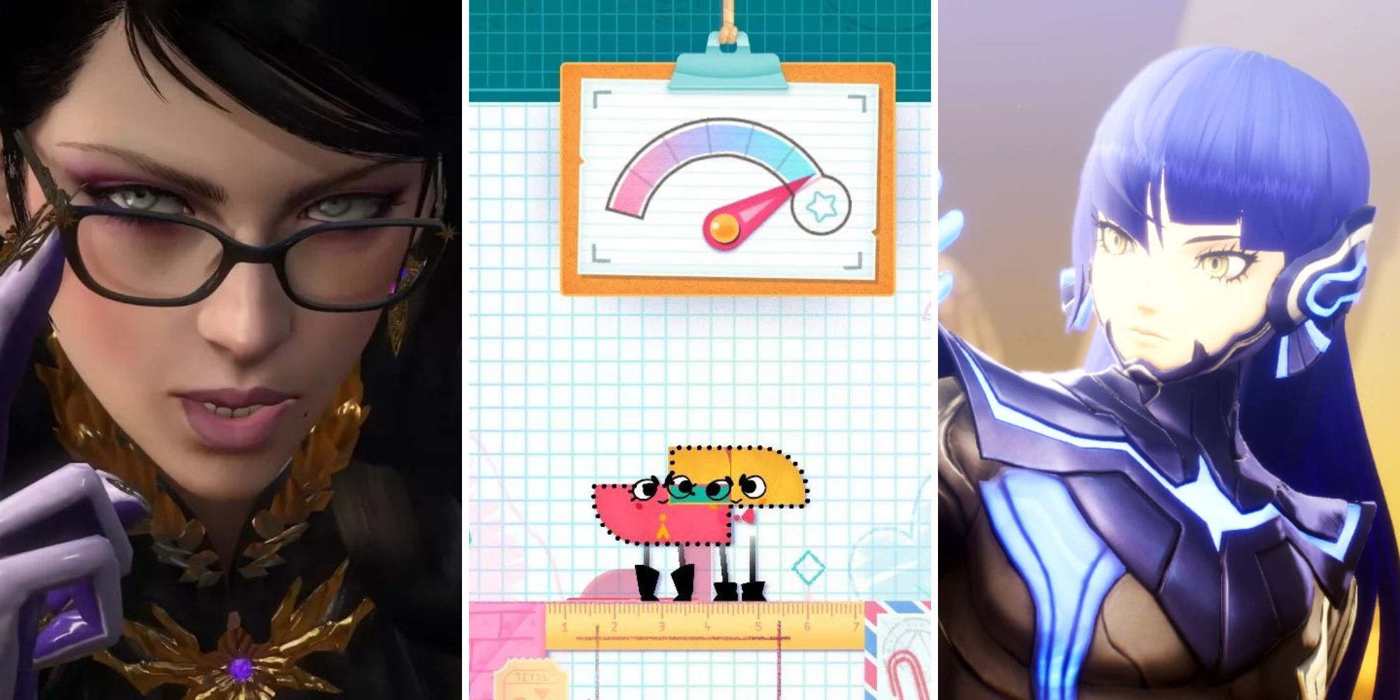 Bayonetta slides her glasses down, Snip and Clip intersect, The protagonist of SMT V looks at her hand