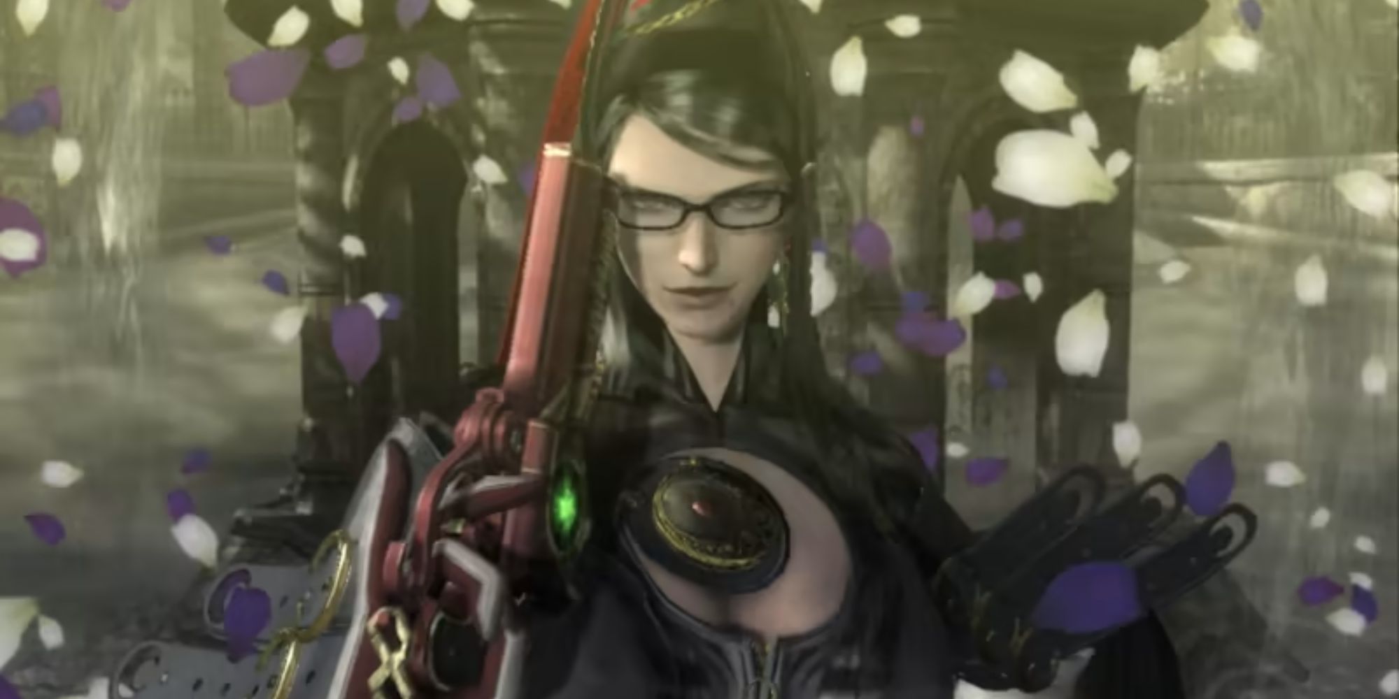 Bayonetta holds her gun against her head as blossoms fall around her