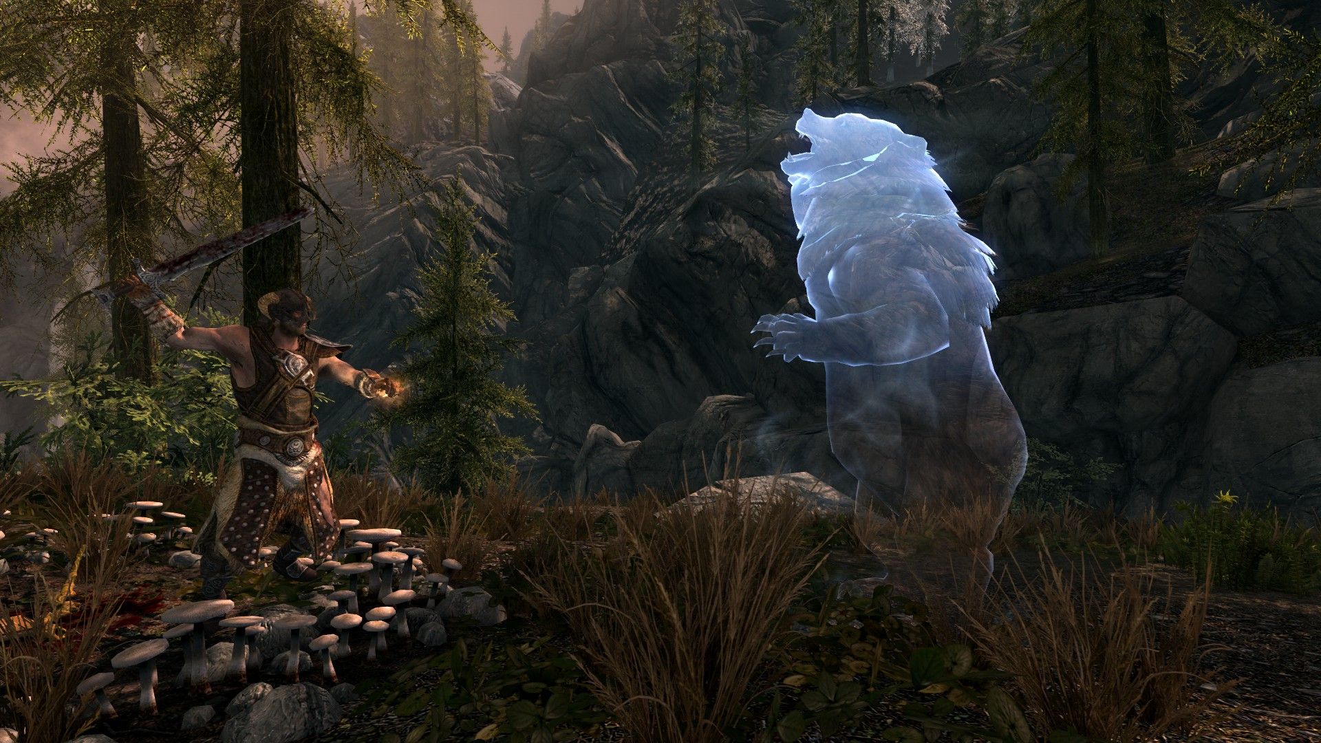 A man fights a ghostly bear deep in a forest, surrounded by trees and mushrooms.