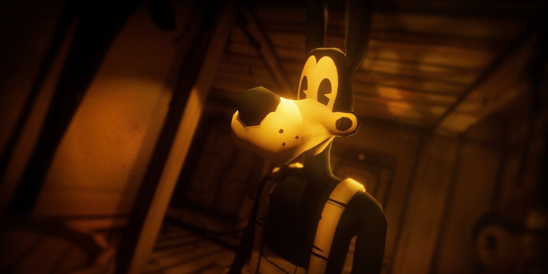 A dog character smiling and wearing overalls in Bendy and the Ink Machine