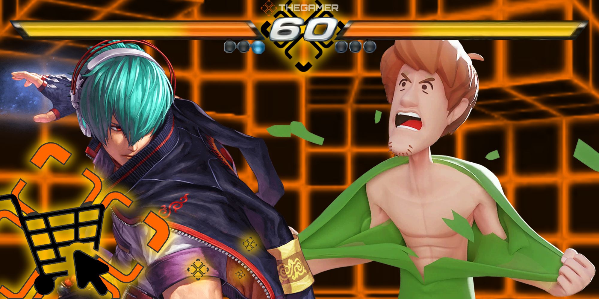 Shun'ei from KOF15 and Shaggy from MultiVersus face off in a black and orange grid arena. The Gamer Shopping Cart icon is in the lower-left corner. Custom image for TG.