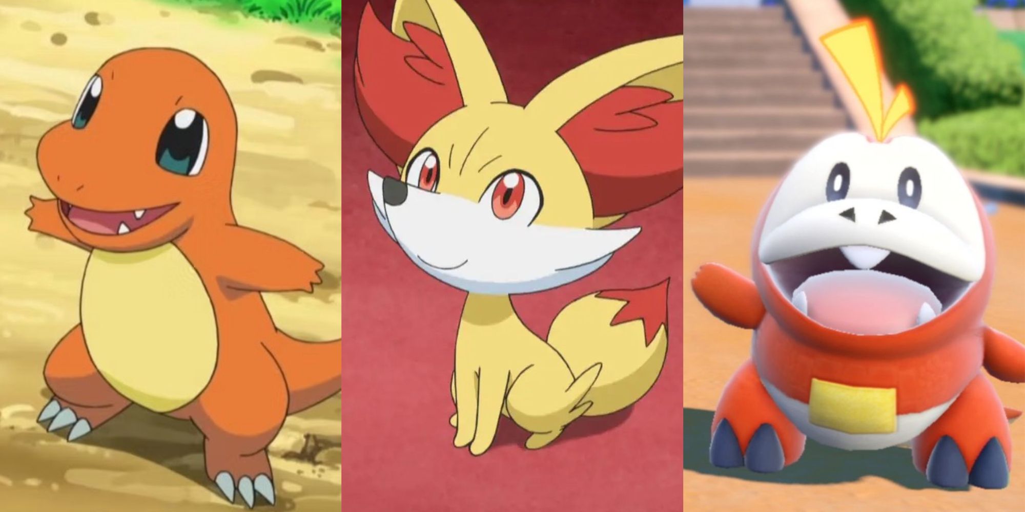 Charmander, Fennekin, and Fuecoco