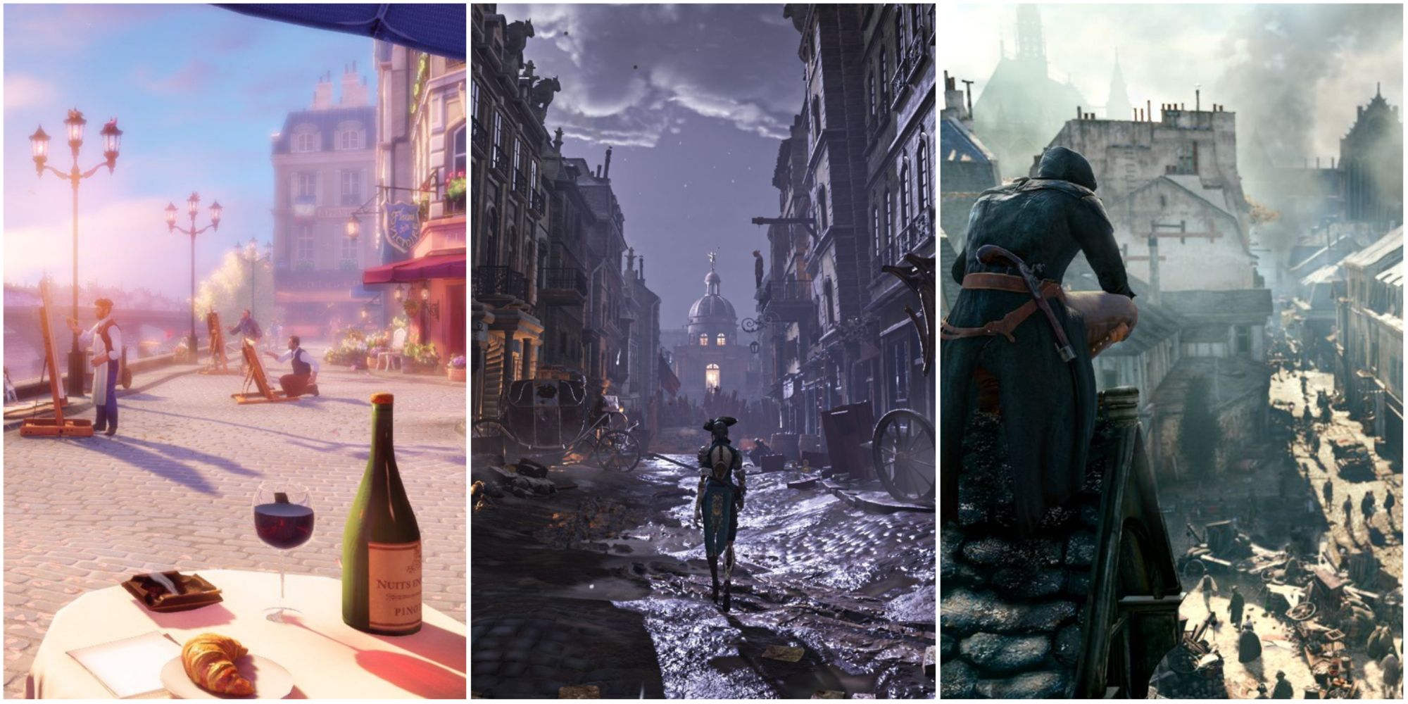Collage of the Best Games Set In Paris, featuring Bioshock: Infinite, Steelrising, and Assassin's Creed: Unity