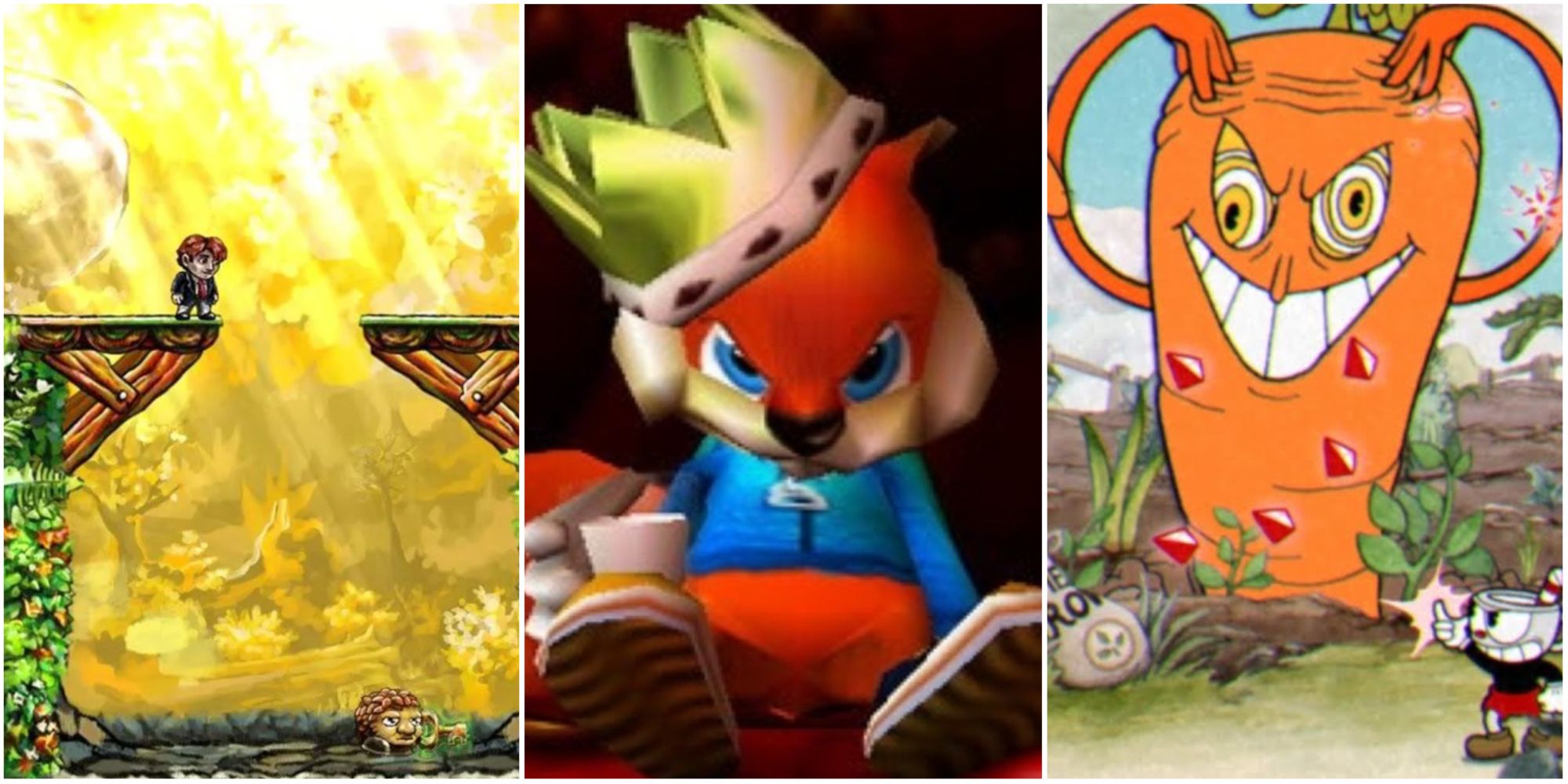 Collage of the Best Platformers With No Sequels, featuring Braid, Conker's Bad Fur Day, and Cuphead