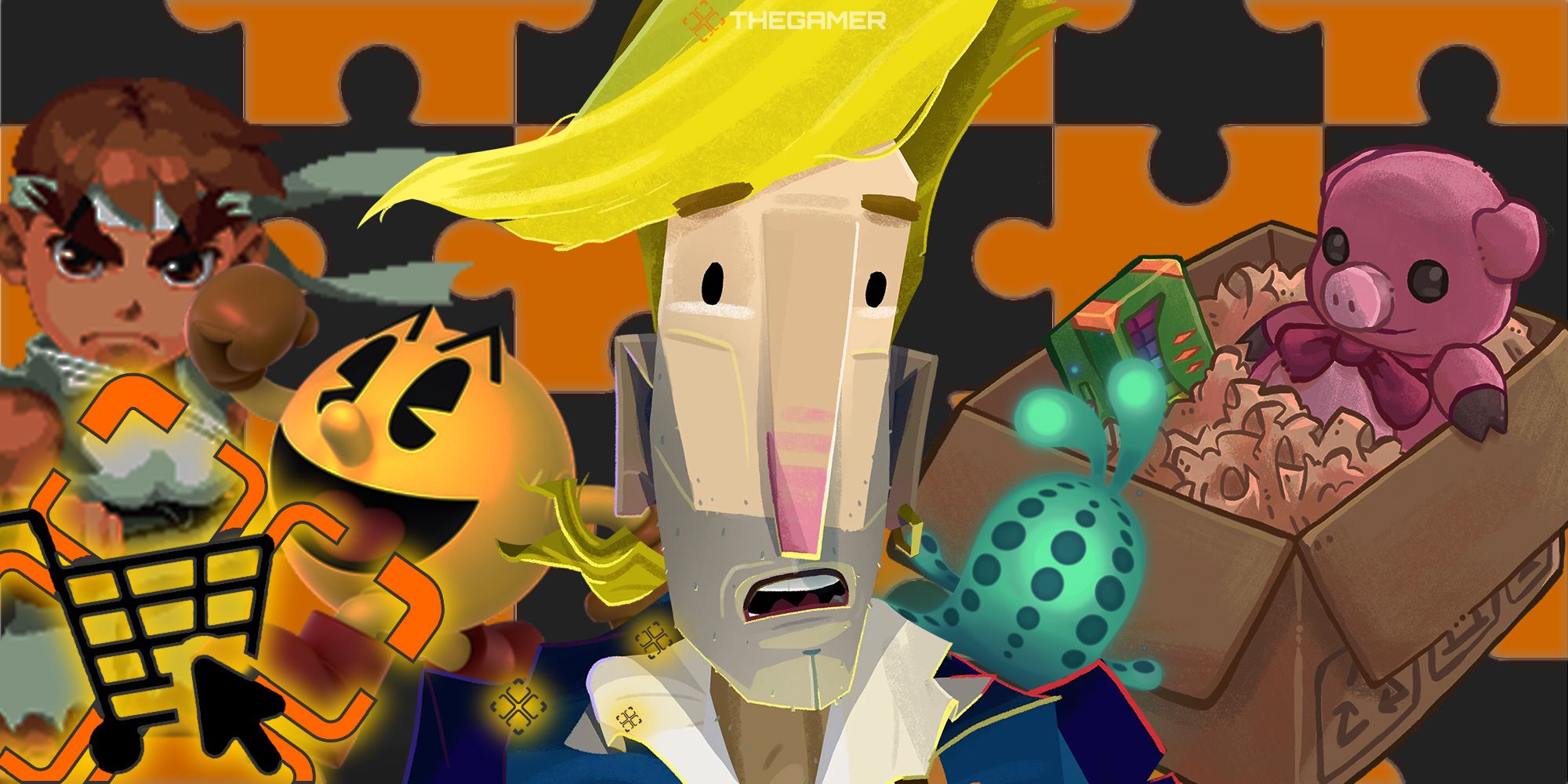 Ryu, PAC-MAN, Guybrush Threepwood, Lumote, and an Unpacking box stand in front of an orange and black jigsaw puzzle. Custom image for TG.