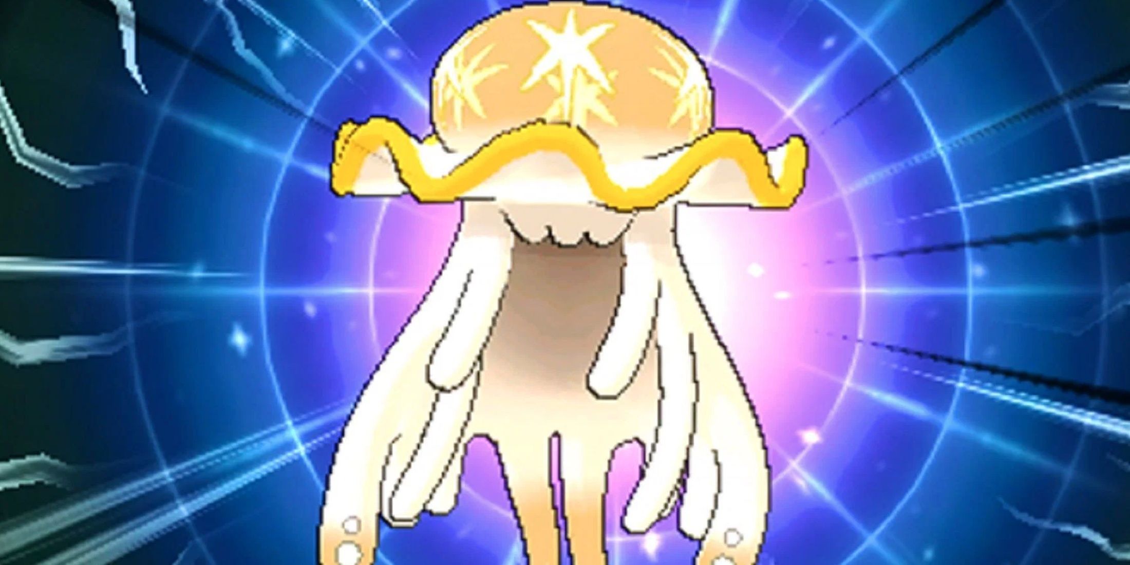 Best Shiny Ultra Beasts: Nihilego apparaît avec une explosion de brillance jaune et une aura violette.