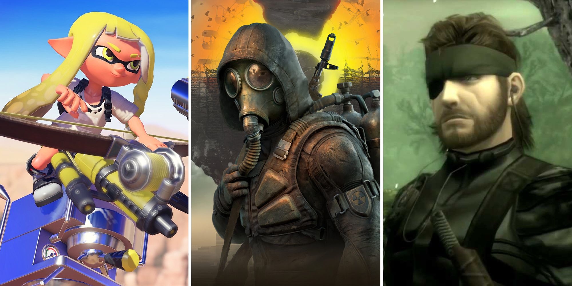 An Inkling, main character from Stalker 2, and Snake from Metal Gear 3