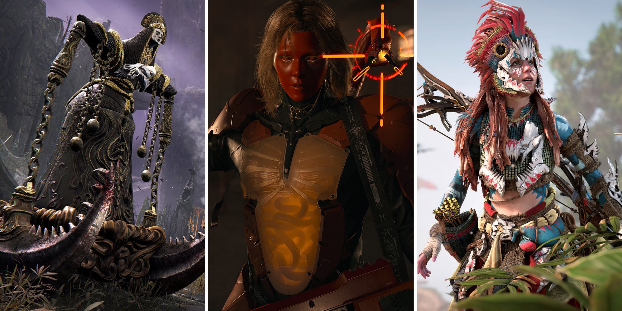 An enemy in Elden Ring, a masked figure from Death Stranding 2 trailer, and Aloy