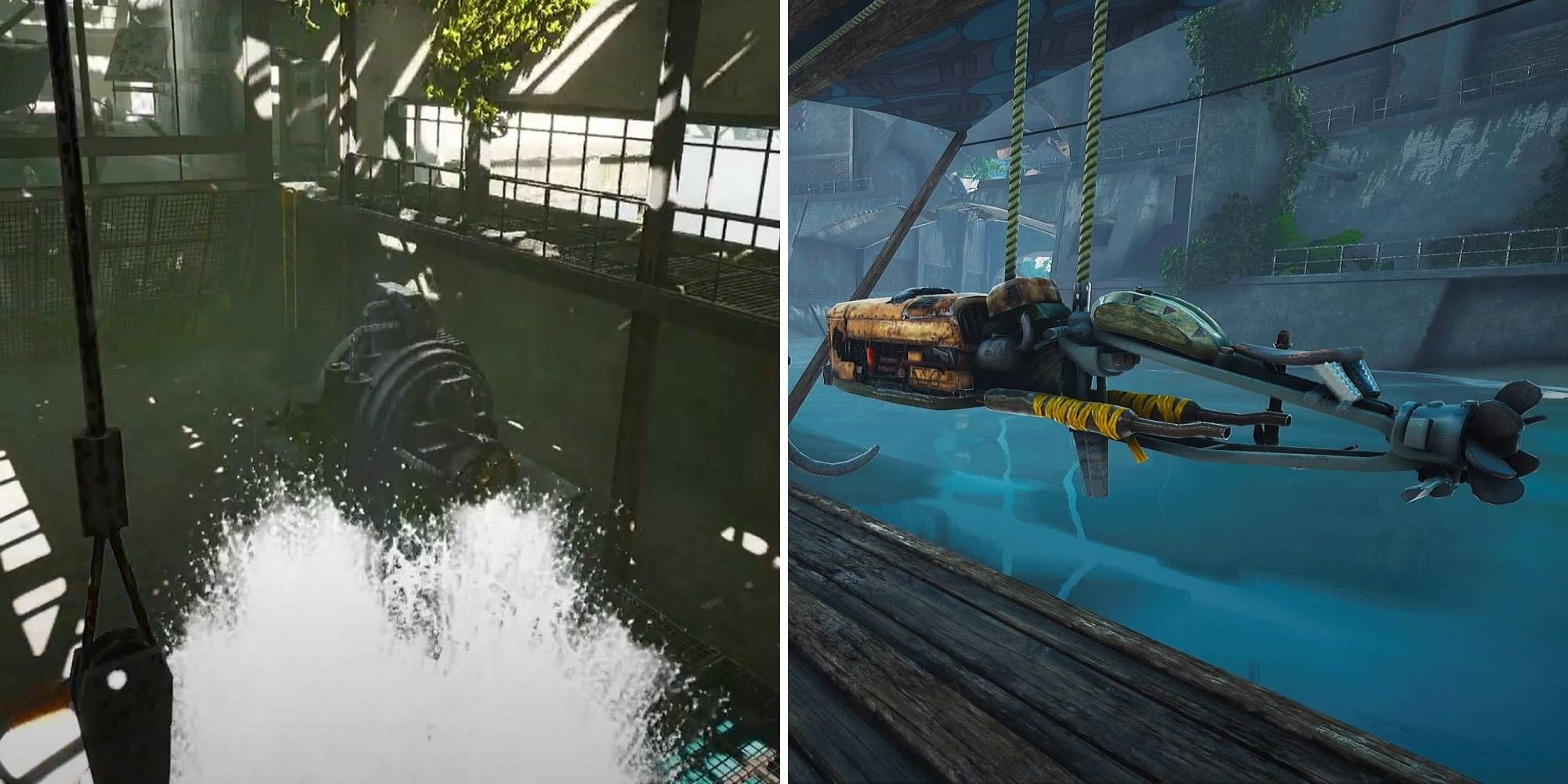 Split image showing the Googlide and Octopod vehicles from Biomutant.