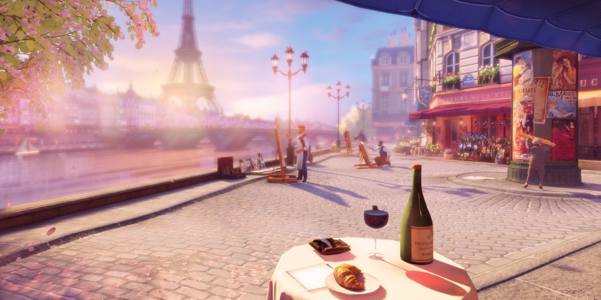 Picturesque views of the Eiffel Tower, the River Siene and artists painting in Paris in Bioshock Infinite Burial At Sea DLC