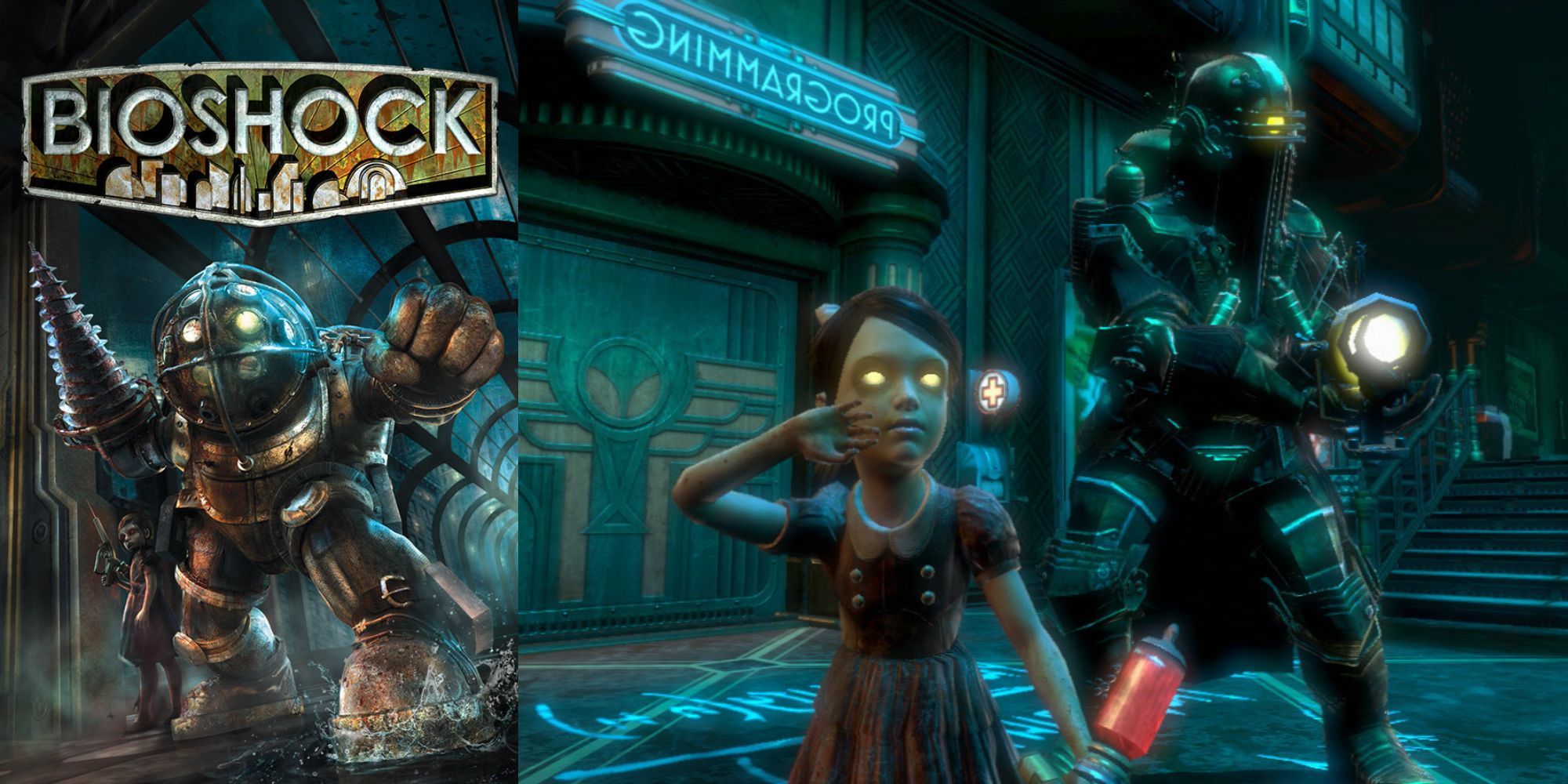 Bioshock cover art and little sister with player character