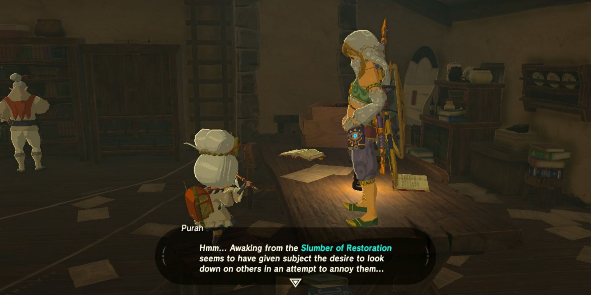 Link speaking to Purah while standing on a table.