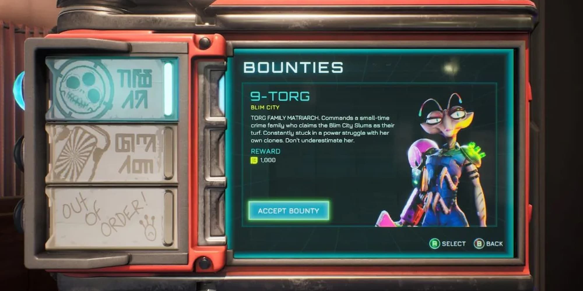 The Bounty Board in High on Life shows the bounty for 9-Torg is available in Blim City.