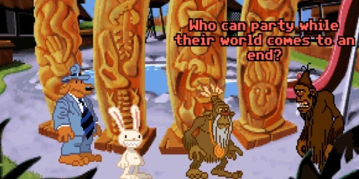 Sam and Max chat with Bruno and the Bigfoot Chief in Sam and Max Hit the Road