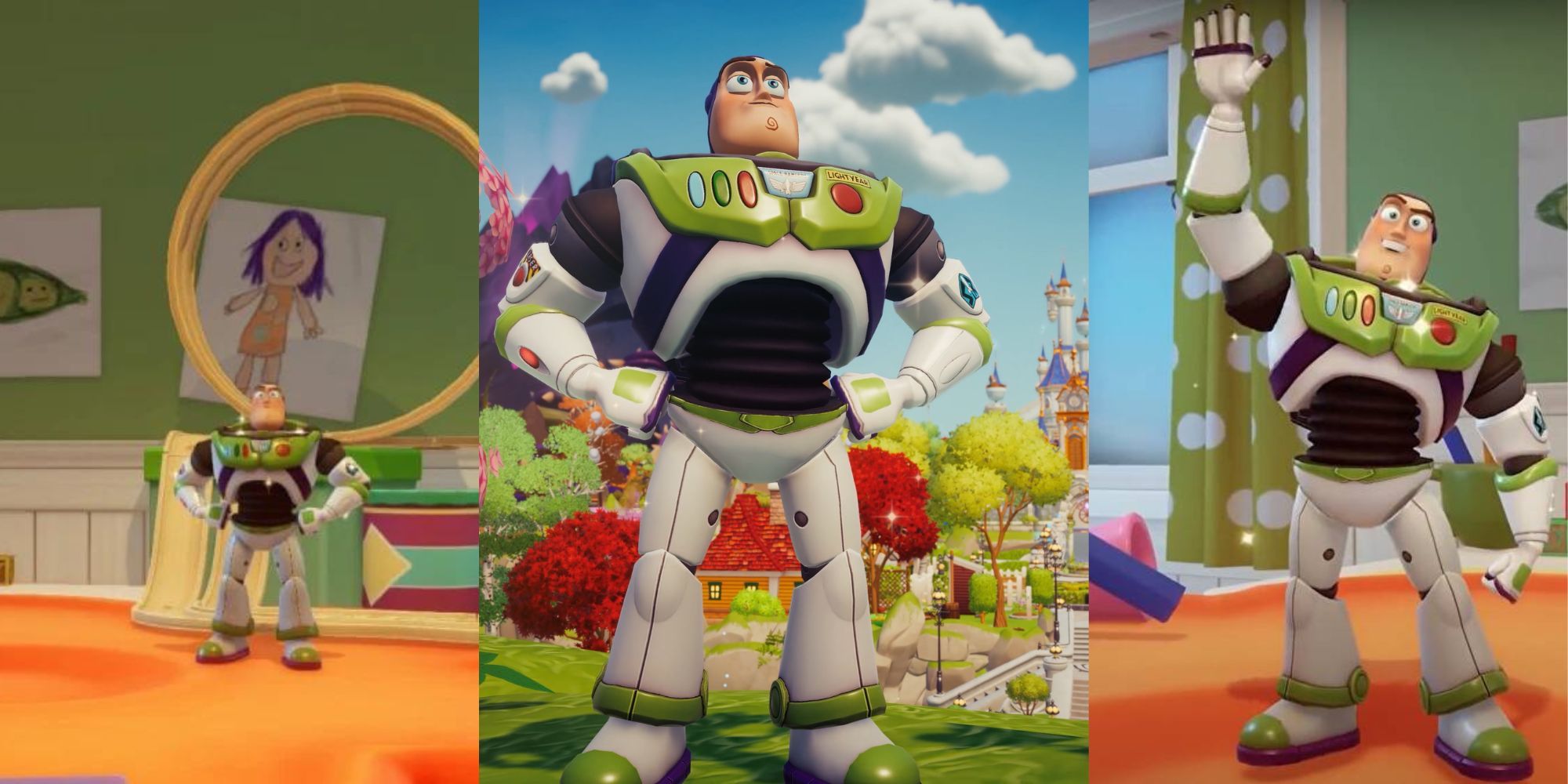 Three images of Buzz Lightyear in Dreamlight Valley