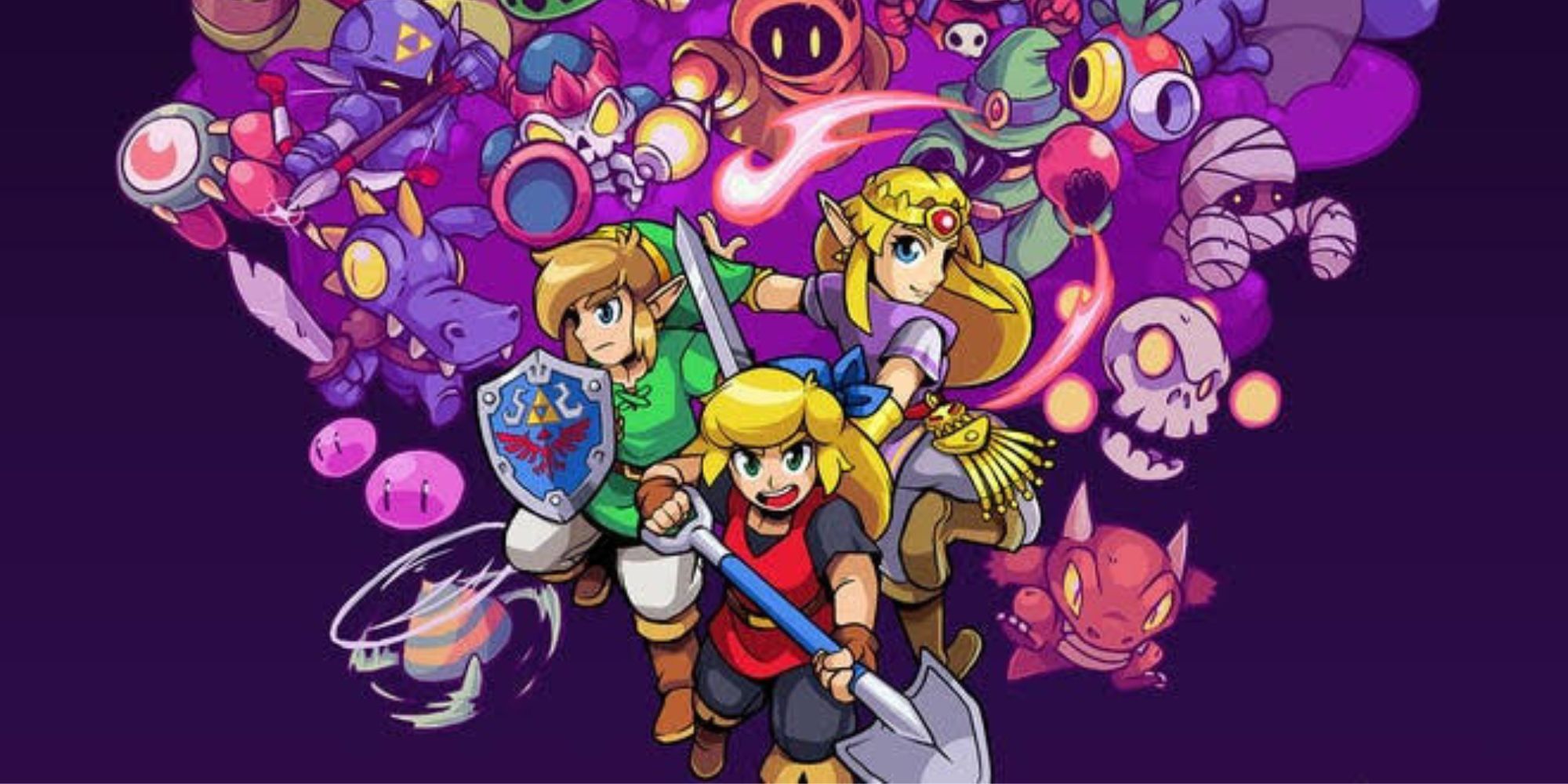 Cadence leads Link and Zelda in front of a group of enemies