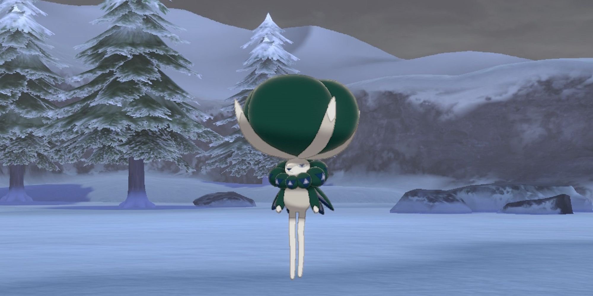 Calyrex standing in a snowy environment in The Crown Tundra DLC