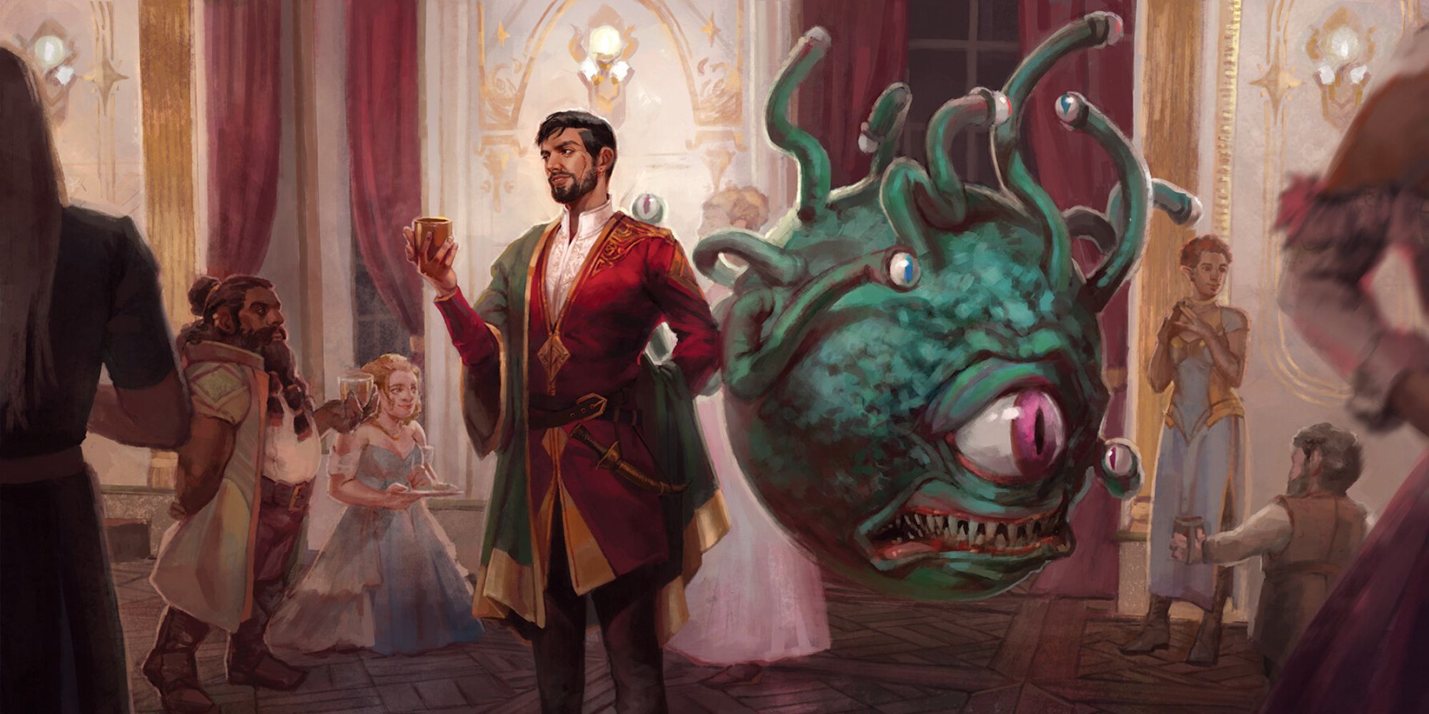 D&D Candlekeep Mysteries-Kunstwerk eines Betrachters auf einer Party neben einem Barden