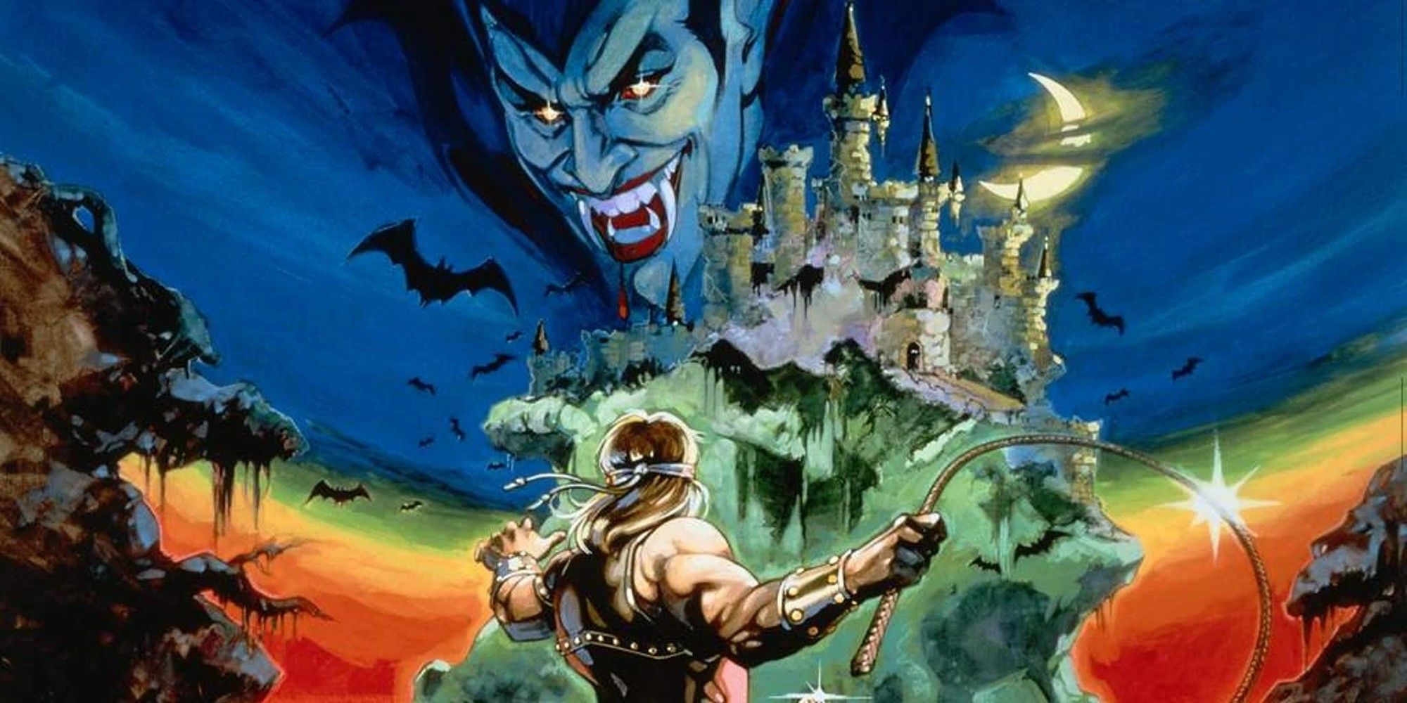 Castlevania Cover Art with Draculas face and casle in the night sky