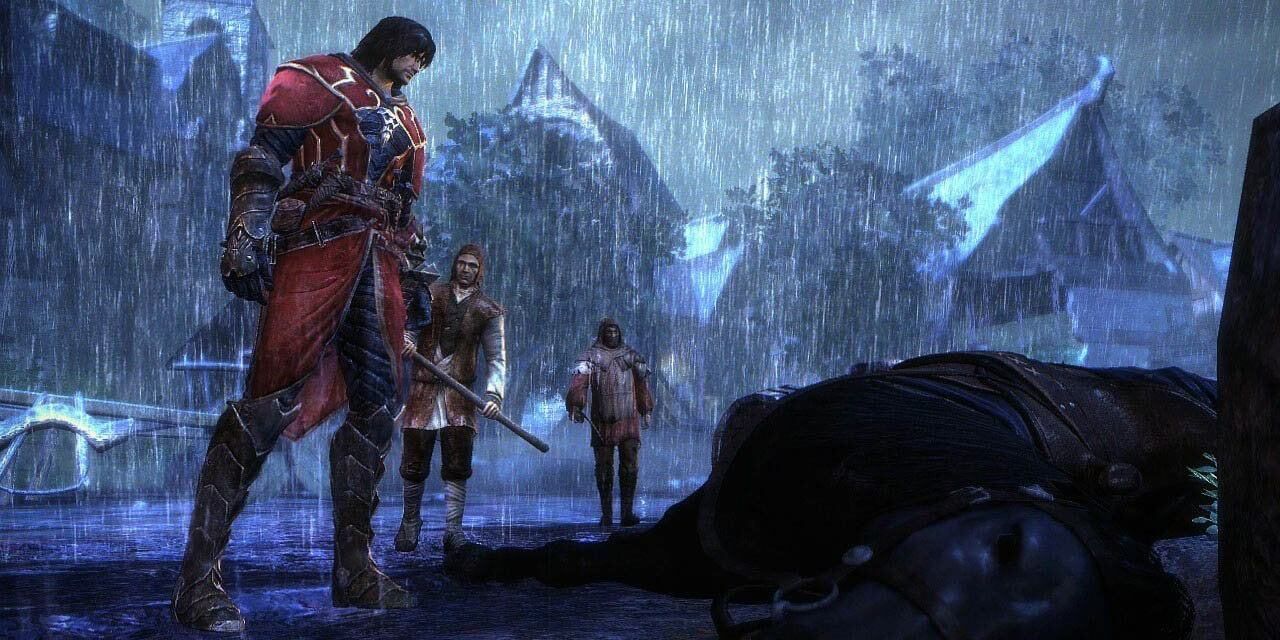 Castlevania Lords of Shadow standing in rain over body.