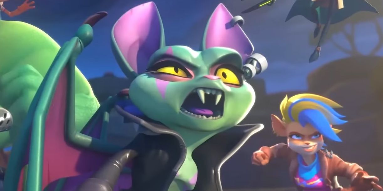 Catbat, a new character in Crash Team Rumble, with Tawna in the back